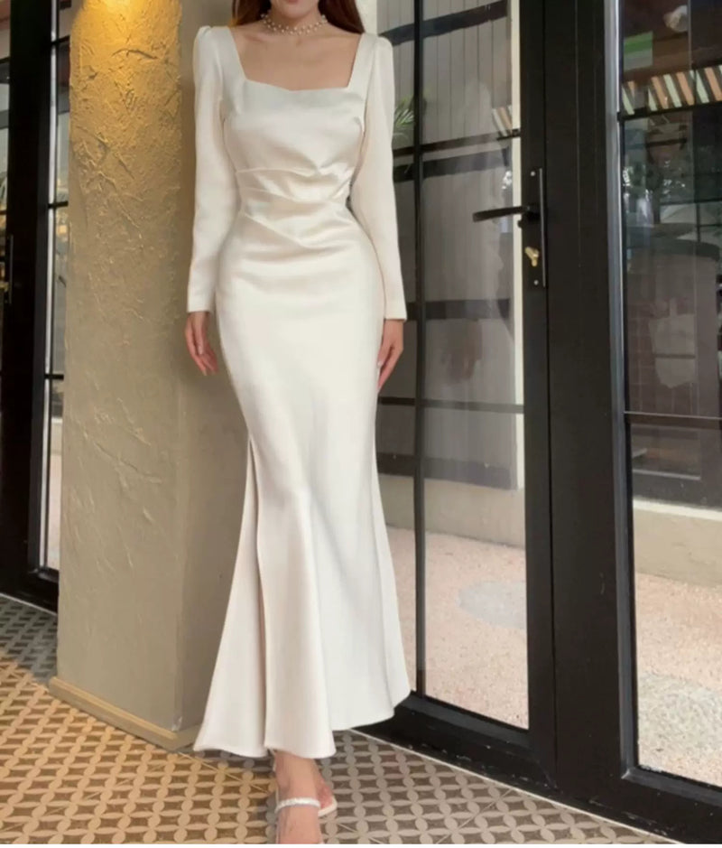 White Square-Neck Satin Slit Maxi Dress - White / Long Sleeves