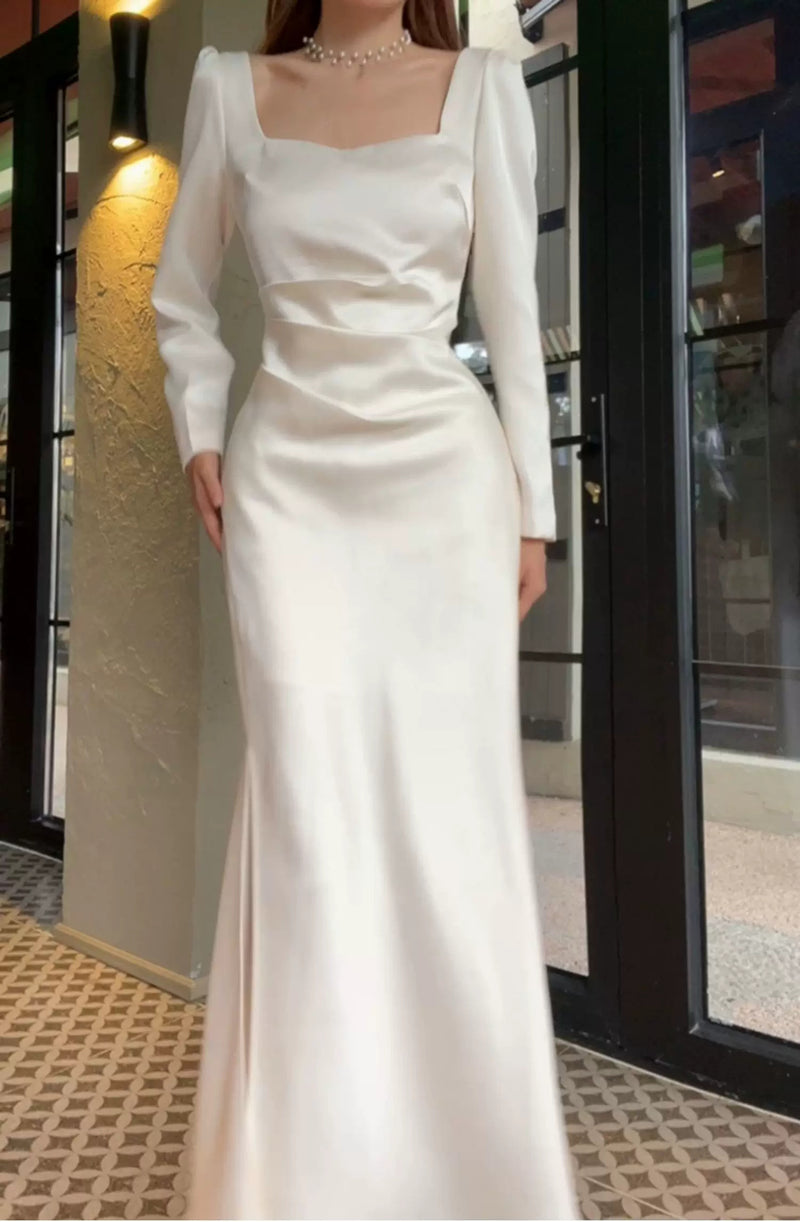 White Square-Neck Satin Slit Maxi Dress - White / Long Sleeves