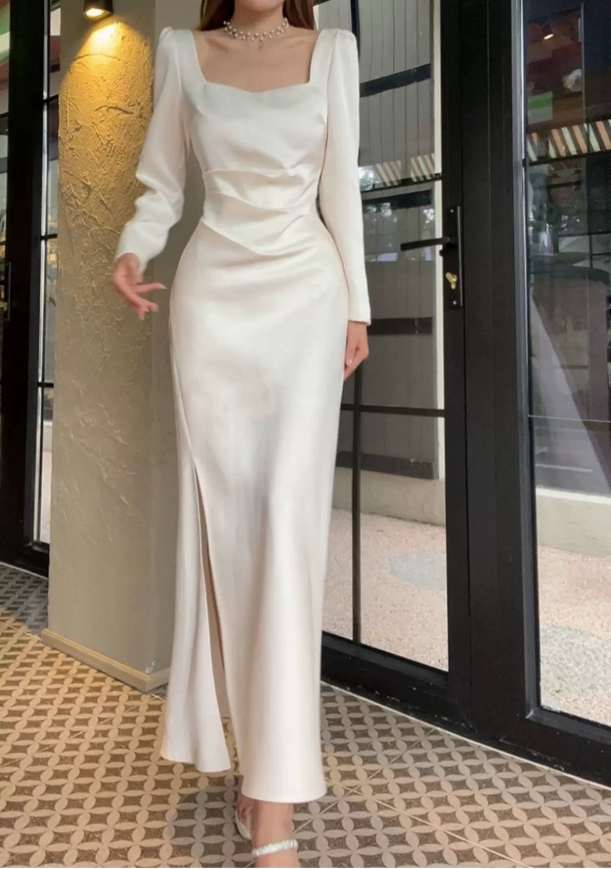 White Square-Neck Satin Slit Maxi Dress - White / Long Sleeves