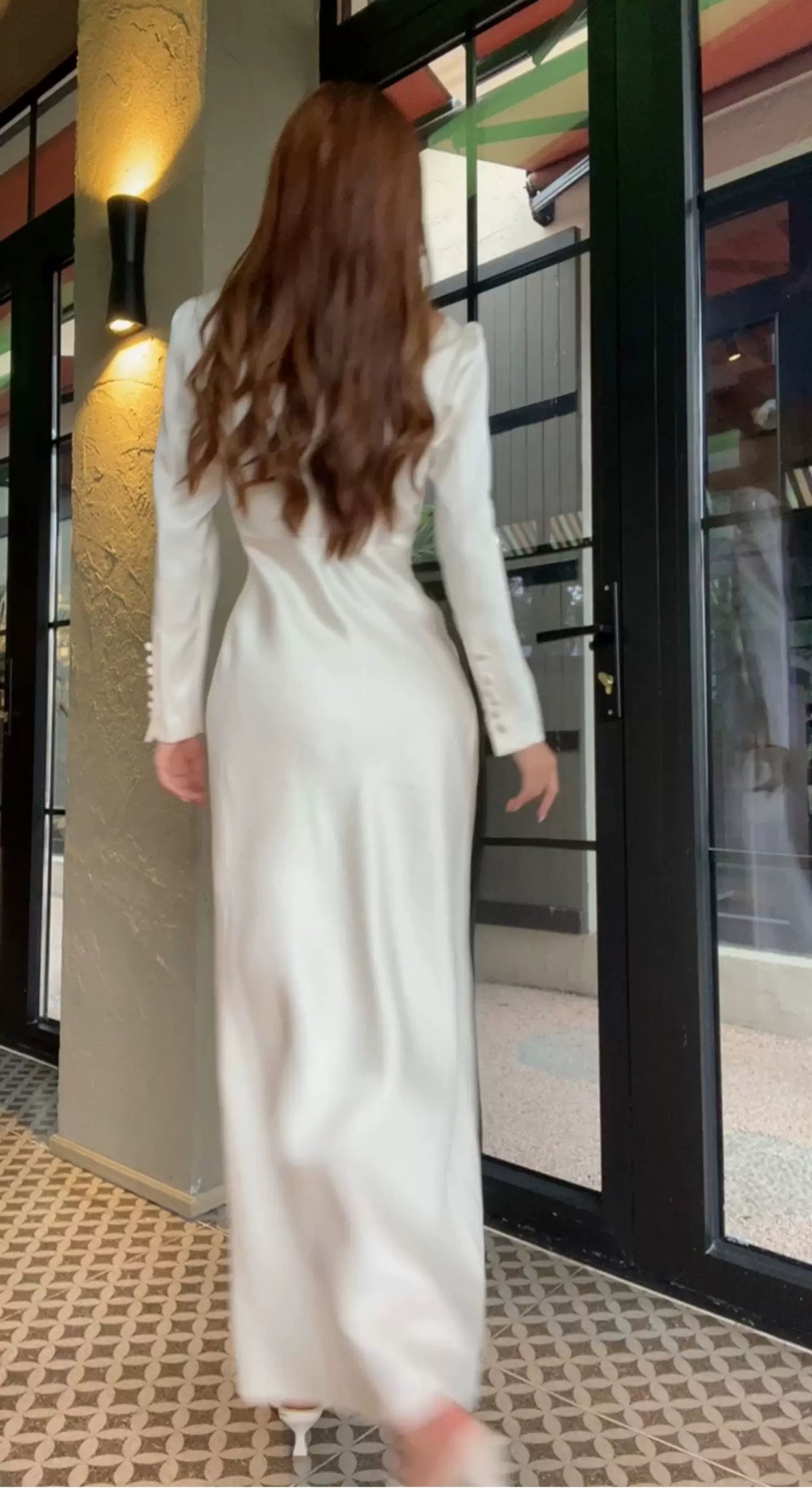 White Square-Neck Satin Slit Maxi Dress - White / Long Sleeves
