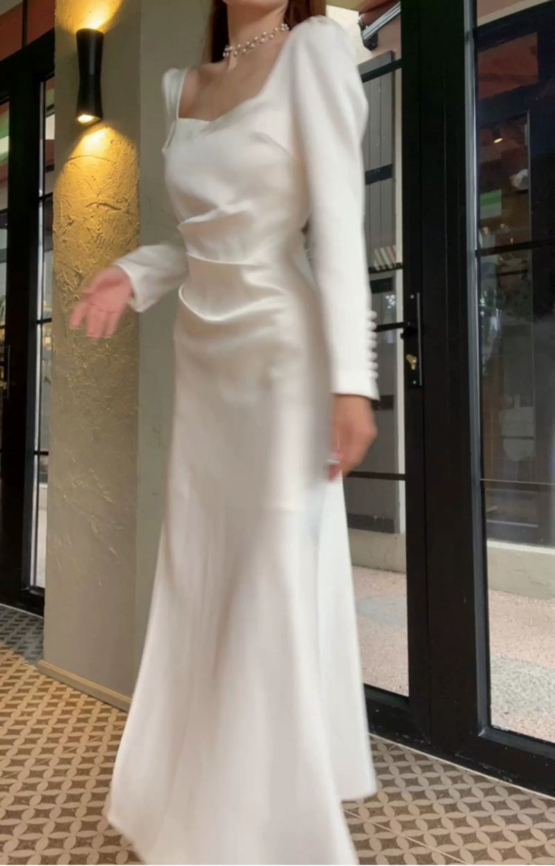 White Square-Neck Satin Slit Maxi Dress - White / Long Sleeves