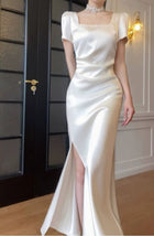 White Square-Neck Satin Slit Maxi Dress - White / Short Sleeves