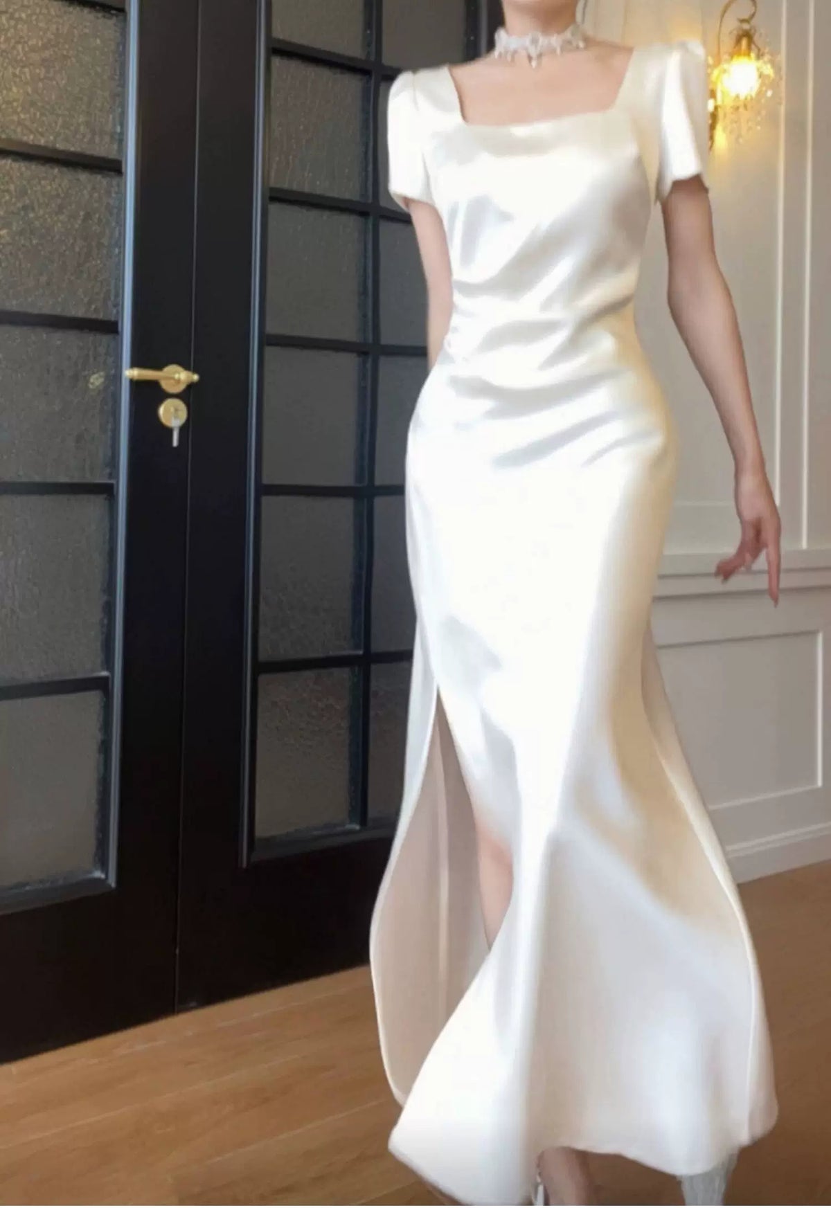 White Square-Neck Satin Slit Maxi Dress - White / Short Sleeves