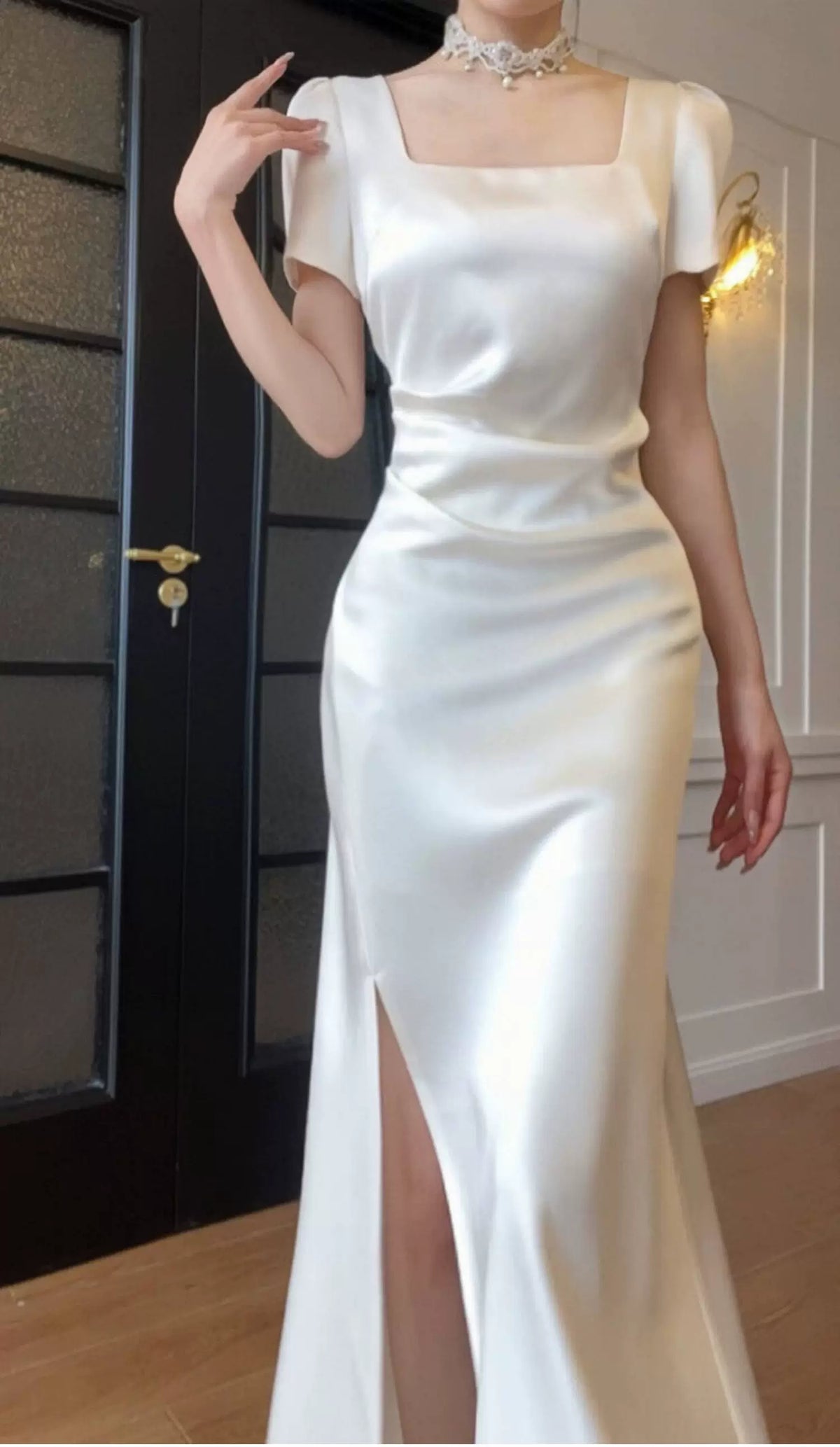 White Square-Neck Satin Slit Maxi Dress - White / Short Sleeves