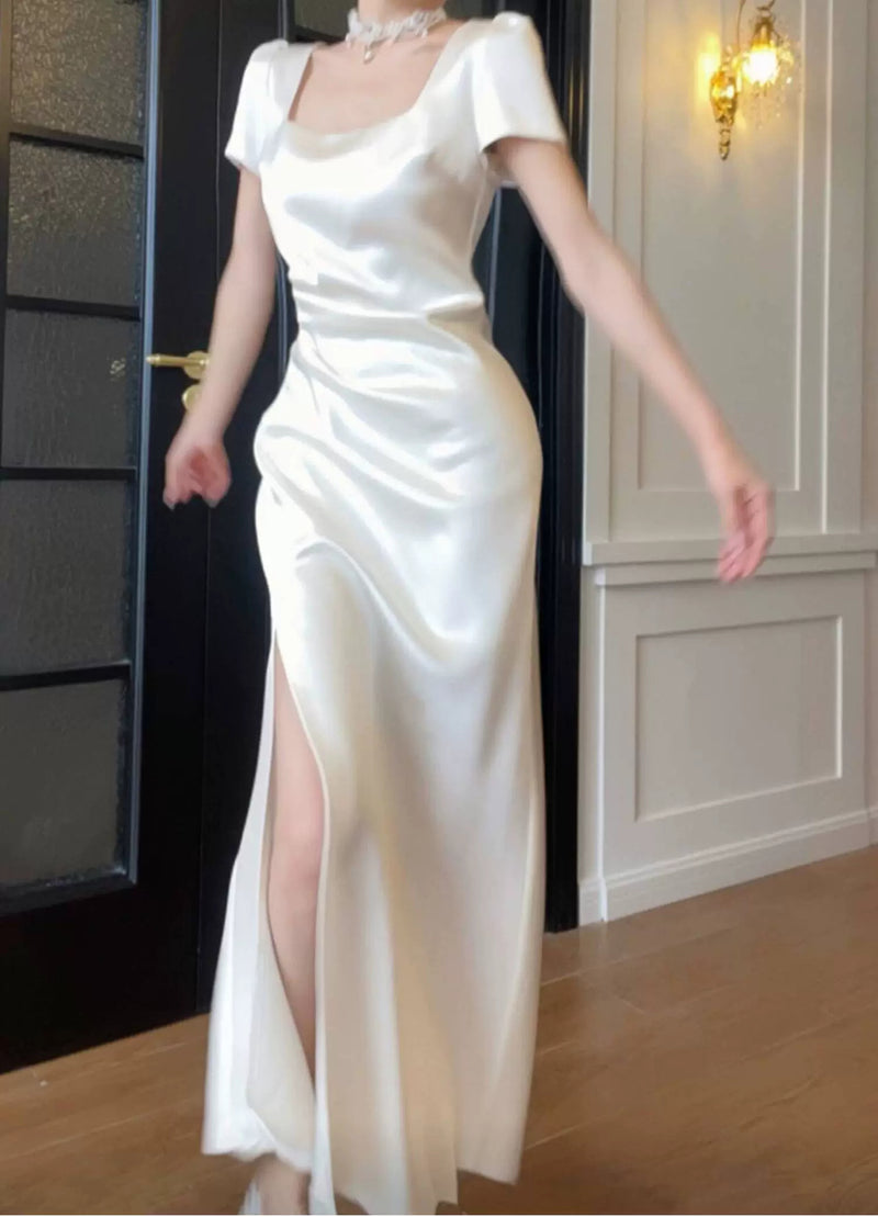 White Square-Neck Satin Slit Maxi Dress - White / Short Sleeves
