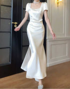 White Square-Neck Satin Slit Maxi Dress - White / Short Sleeves