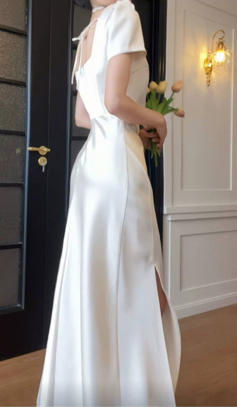 White Square-Neck Satin Slit Maxi Dress - White / Short Sleeves