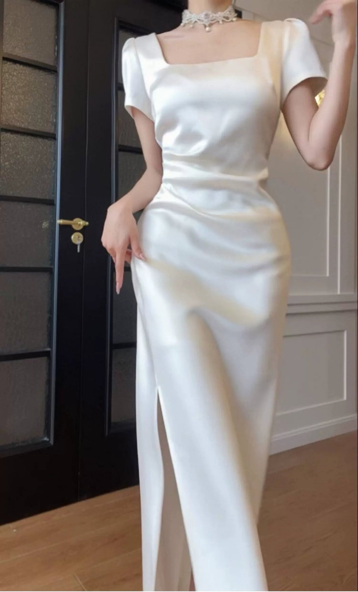 White Square-Neck Satin Slit Maxi Dress - White / Short Sleeves