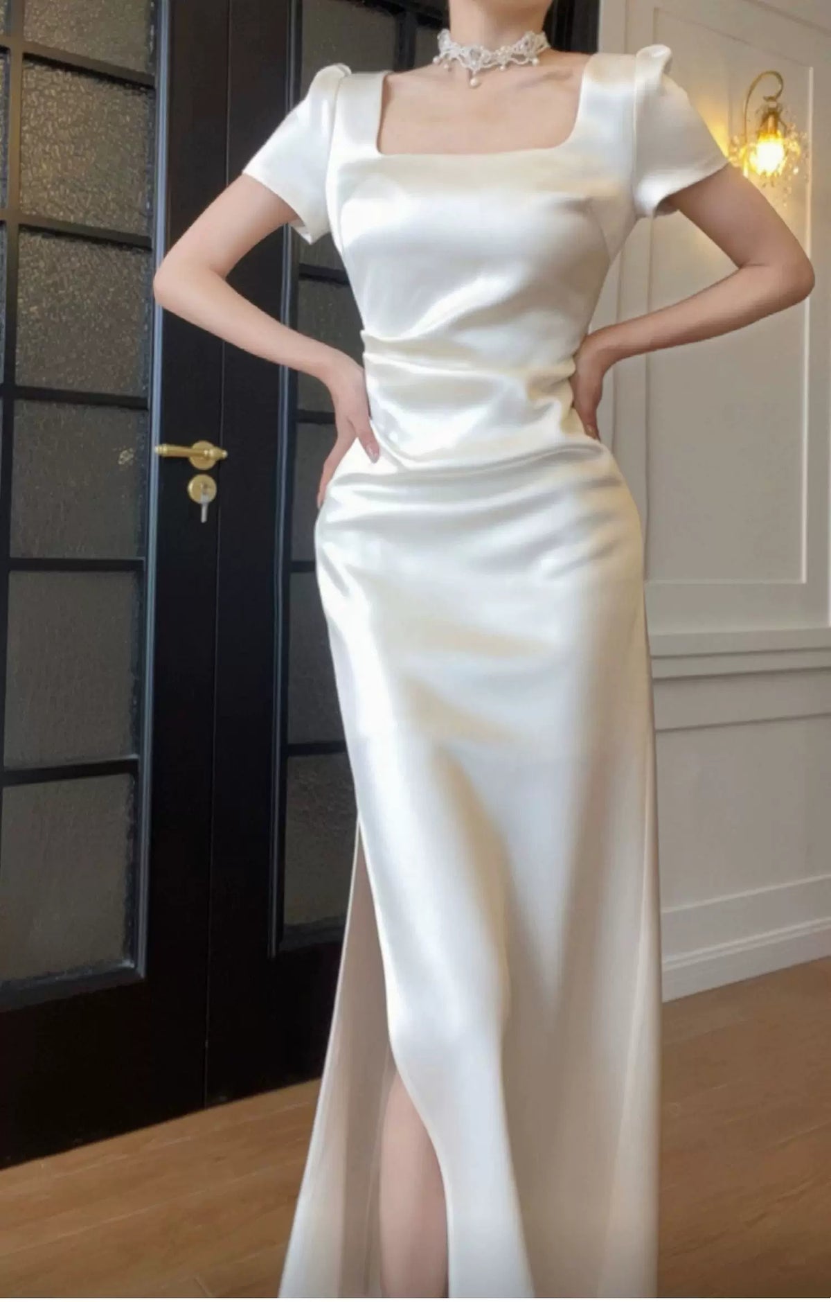 White Square-Neck Satin Slit Maxi Dress - White / Short Sleeves