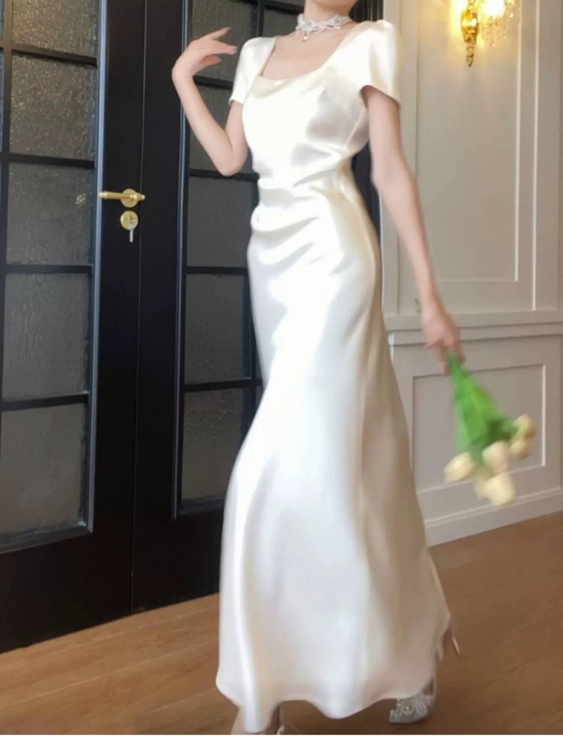 White Square-Neck Satin Slit Maxi Dress - White / Short Sleeves
