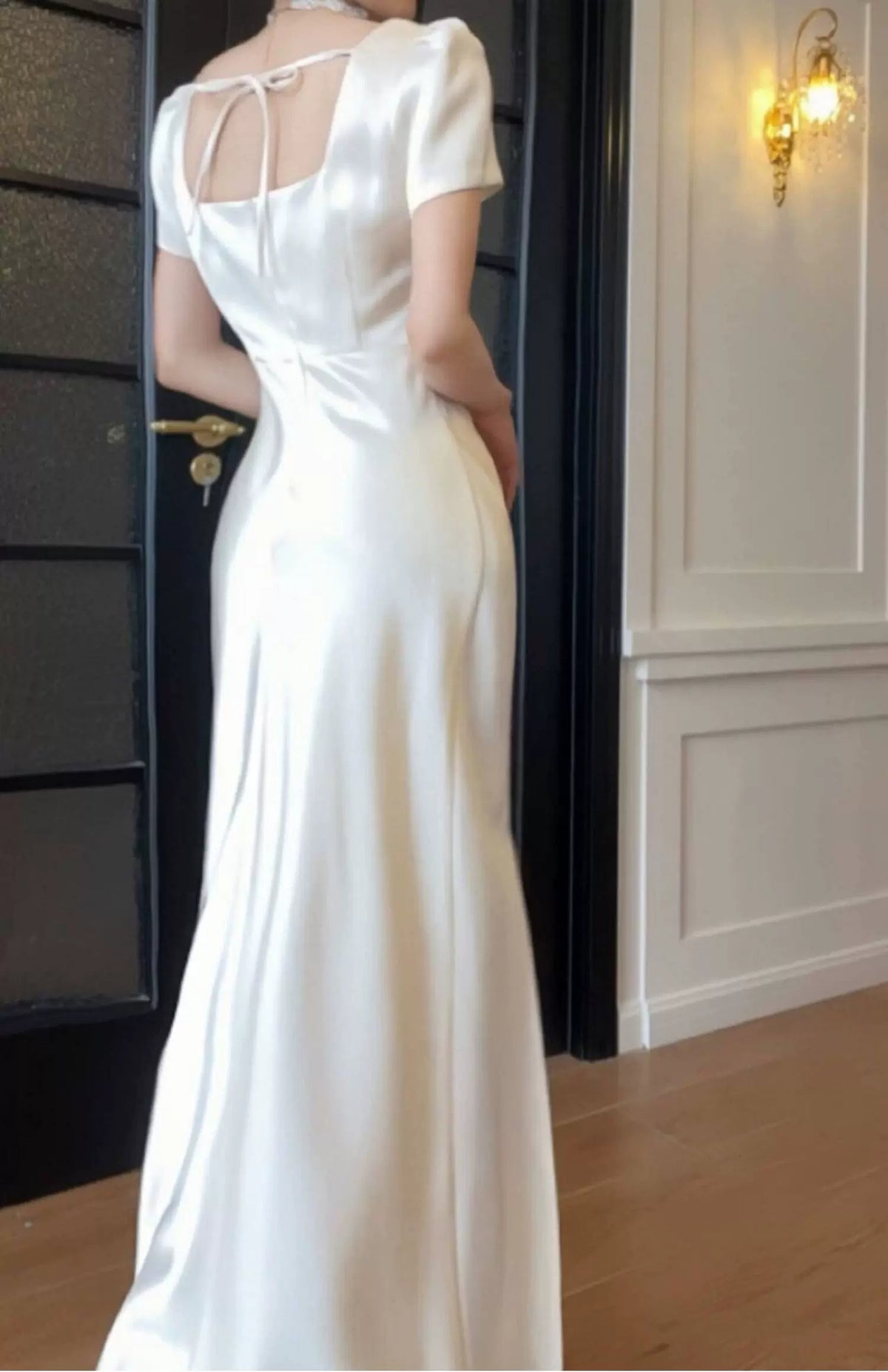 White Square-Neck Satin Slit Maxi Dress - White / Short Sleeves
