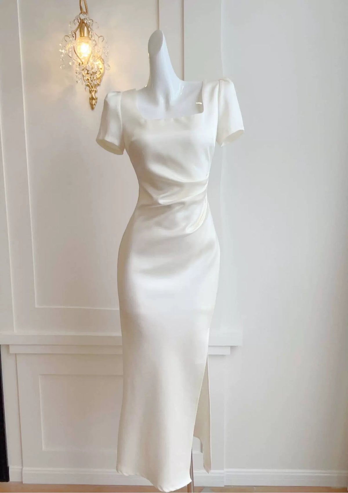 White Square-Neck Satin Slit Maxi Dress - White / Short Sleeves