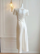 White Square-Neck Satin Slit Maxi Dress - White / Short Sleeves