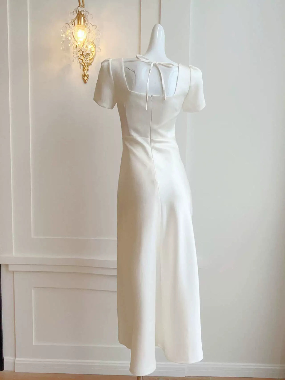 White Square-Neck Satin Slit Maxi Dress - White / Short Sleeves