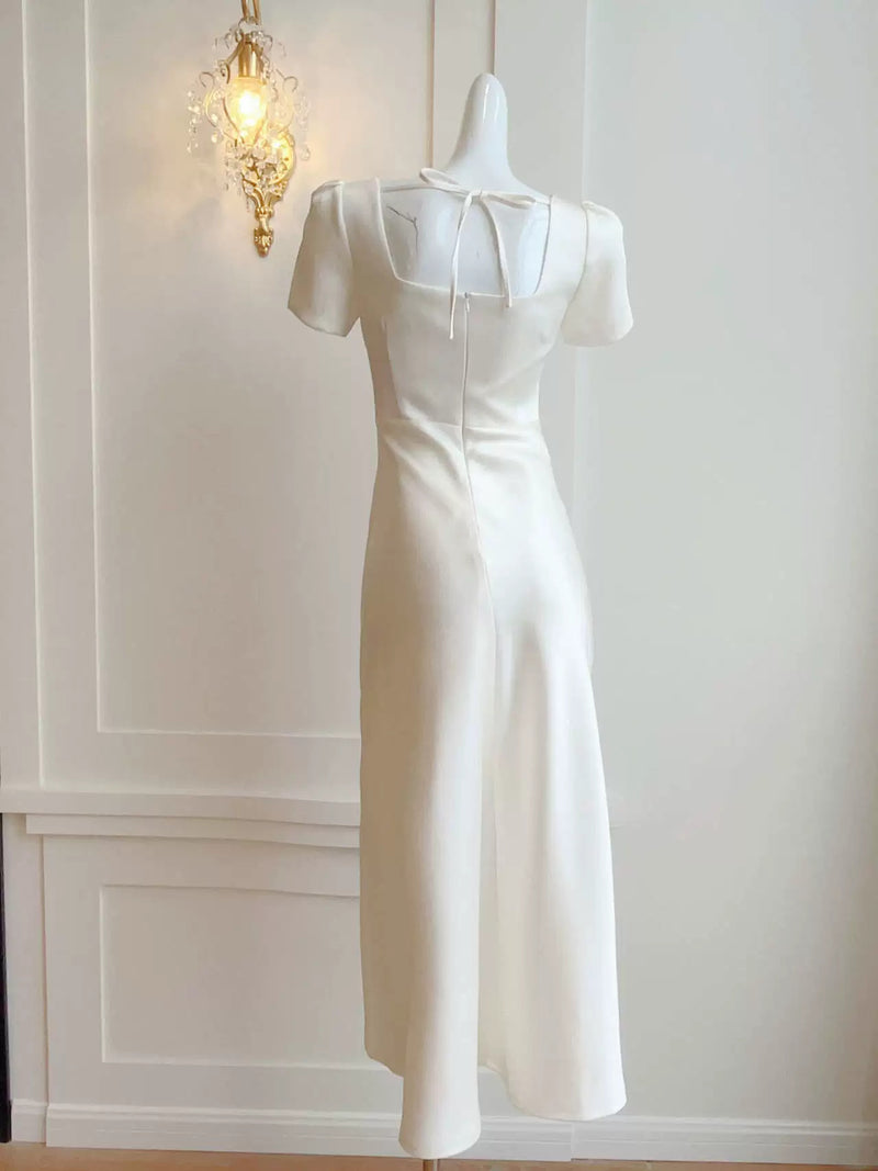 White Square-Neck Satin Slit Maxi Dress - White / Short Sleeves