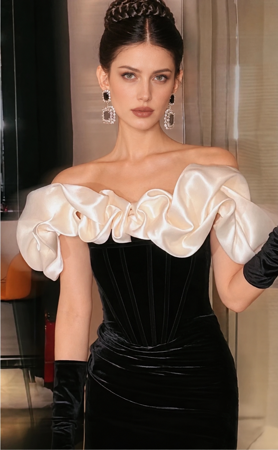 Black Velvet Ruffle Off-Shoulder Maxi Dress