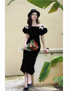 Black Velvet Bow-Shoulder Fishtail Midi Dress - Black