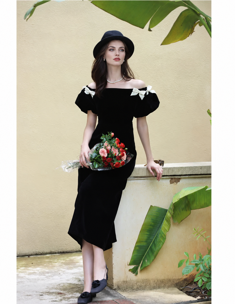 Black Velvet Bow-Shoulder Fishtail Midi Dress - Black