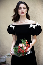 Black Velvet Bow-Shoulder Fishtail Midi Dress - Black