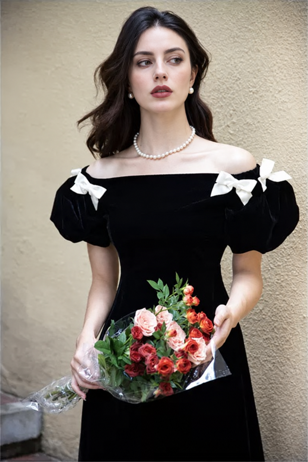 Black Velvet Bow-Shoulder Fishtail Midi Dress - Black