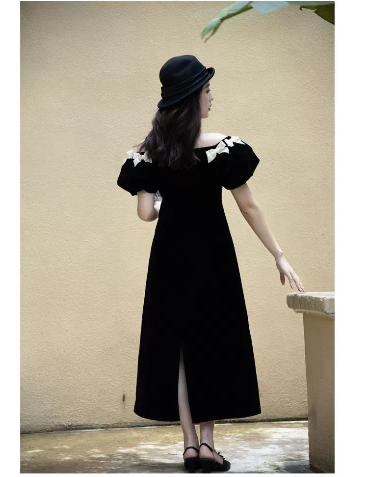 Black Velvet Bow-Shoulder Fishtail Midi Dress - garment detail
