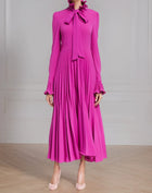 Magenta Bow-Neck Pleated Long-Sleeve Maxi Dress - garment detail