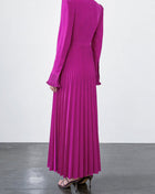 Magenta Bow-Neck Pleated Long-Sleeve Maxi Dress - garment detail