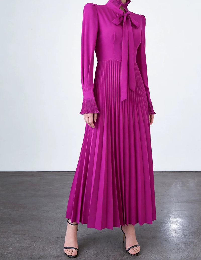 Magenta Bow-Neck Pleated Long-Sleeve Maxi Dress - garment detail
