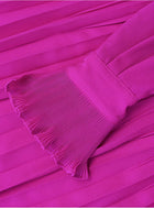 Magenta Bow-Neck Pleated Long-Sleeve Maxi Dress - garment detail