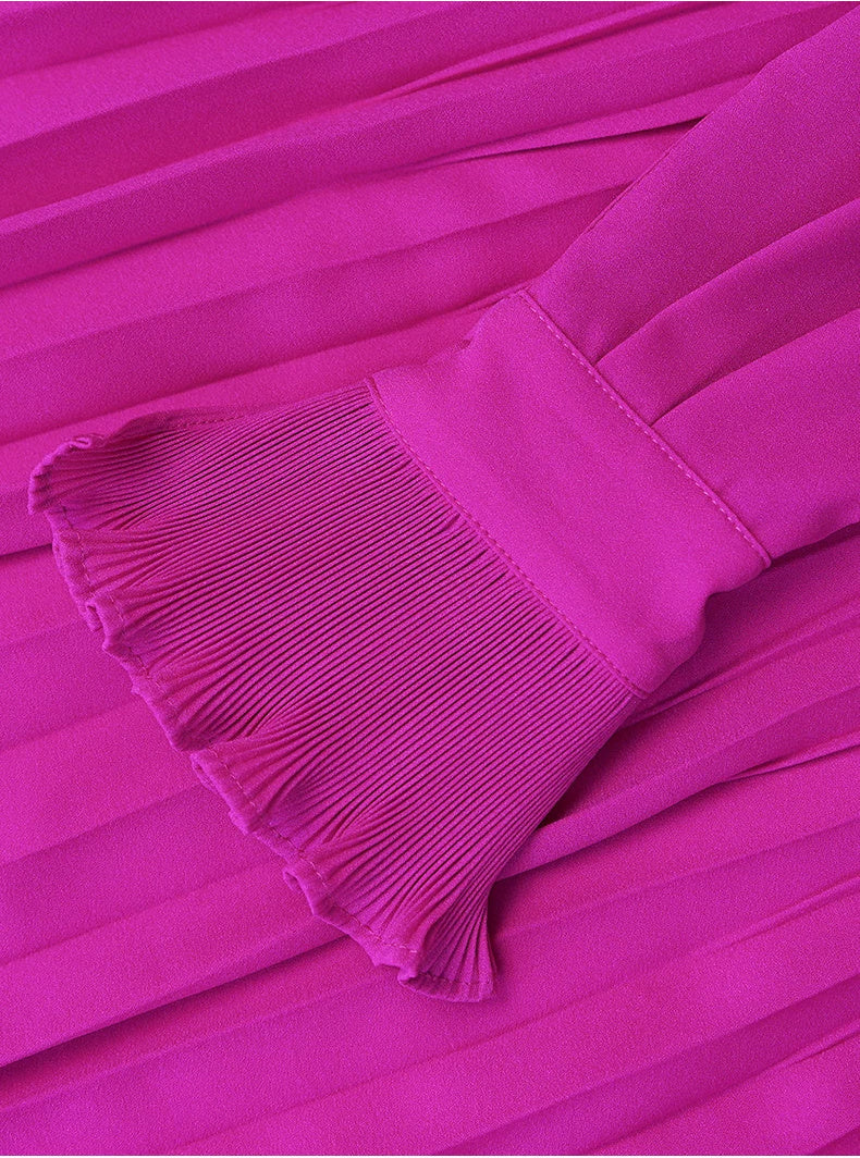 Magenta Bow-Neck Pleated Long-Sleeve Maxi Dress - garment detail
