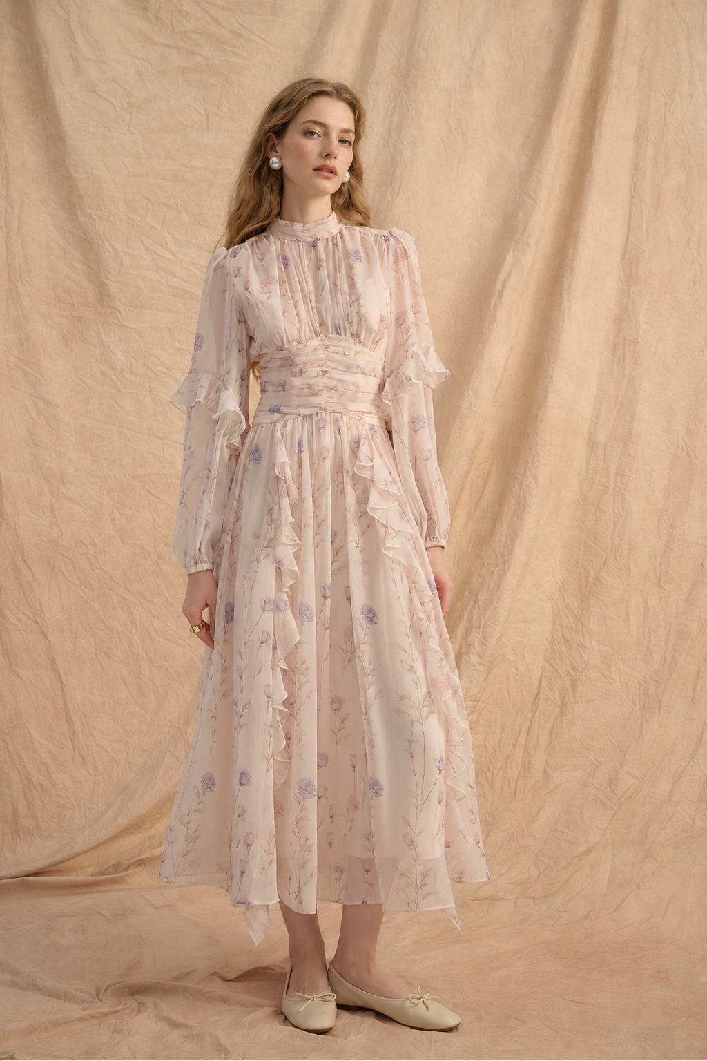 Pink Floral Long-Sleeve Belted Midi Dress - Pink Floral