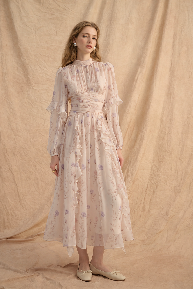 Pink Floral Long-Sleeve Belted Midi Dress - Pink Floral