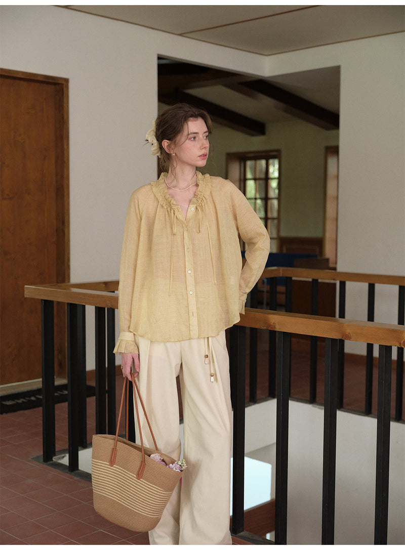 French Ruffle Neck Tencel Linen Long Sleeve Blouse