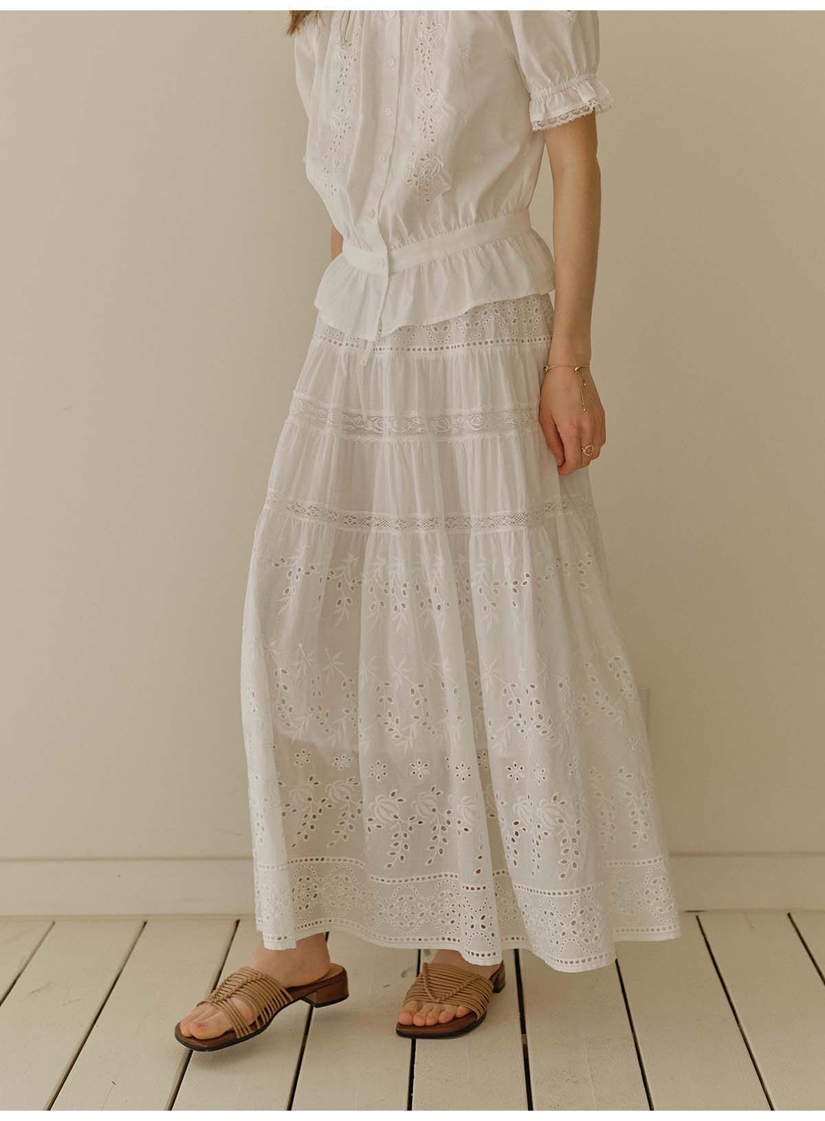 Women's 100% Cotton Embroidered Two-Piece Set | White Puff Sleeve Blouse & Tiered Skirt