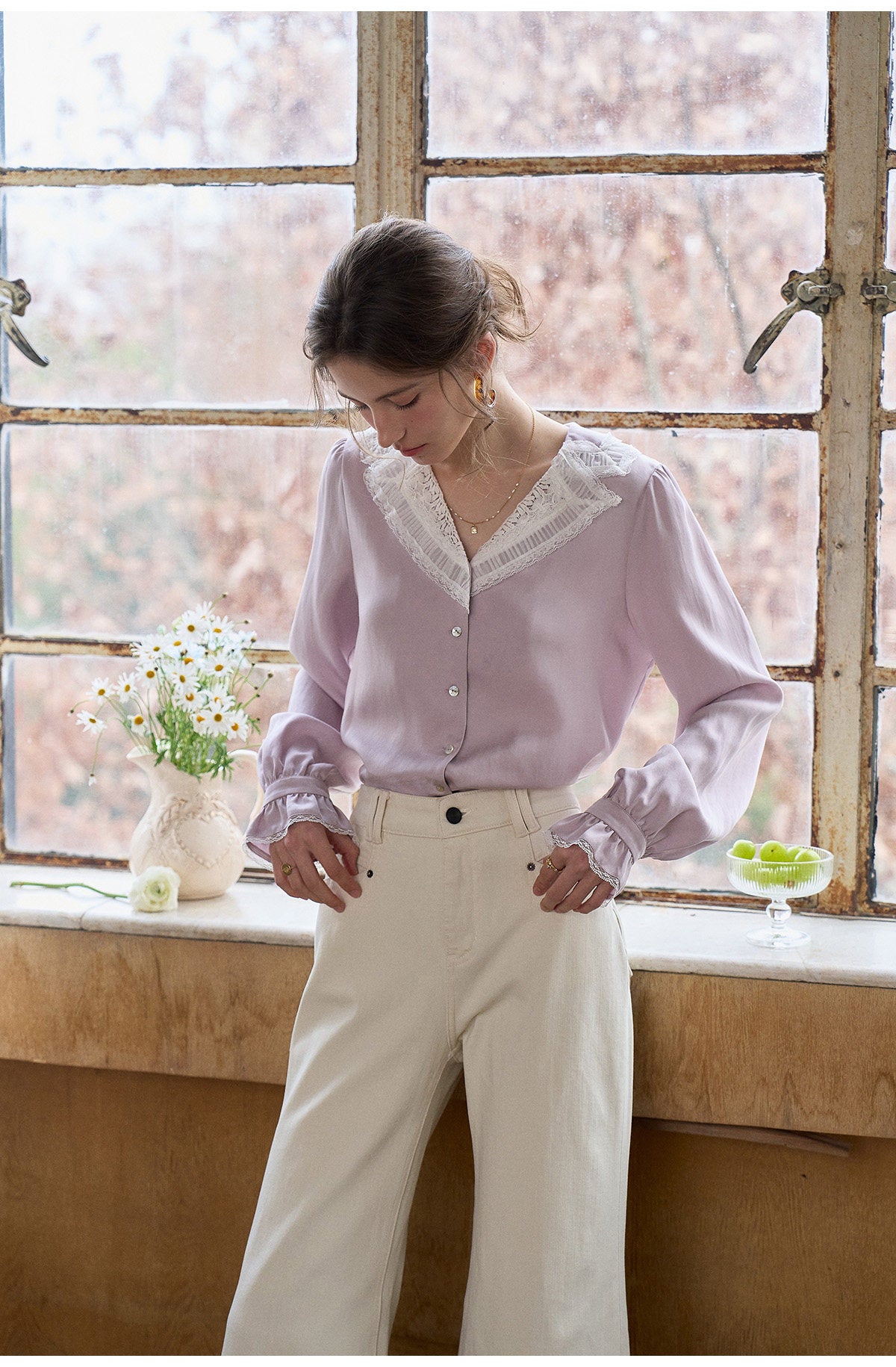 French Lace Collar Lyocell Long Sleeve Blouse