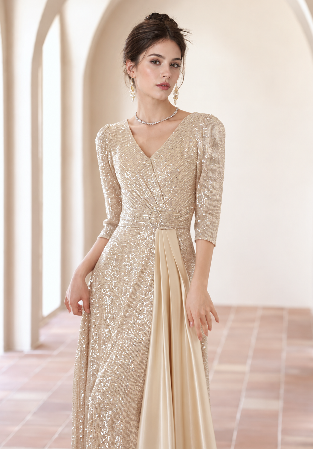 Champagne Gold V-Neck Sequin Evening Gown - Champagne Gold