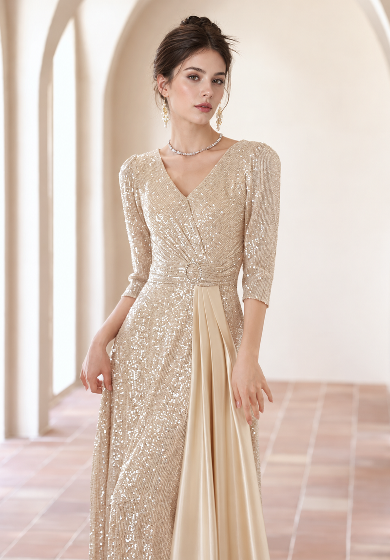Champagne Gold V-Neck Sequin Evening Gown - Champagne Gold