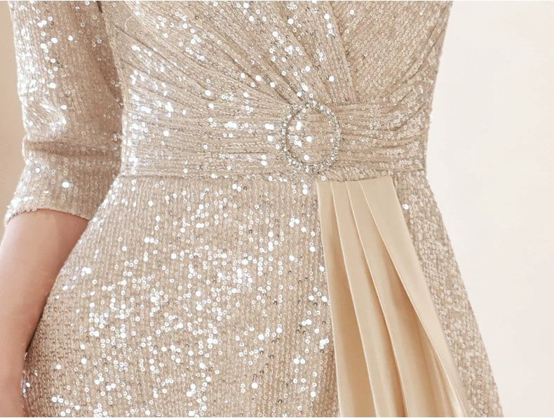 Champagne Gold V-Neck Sequin Evening Gown - garment detail