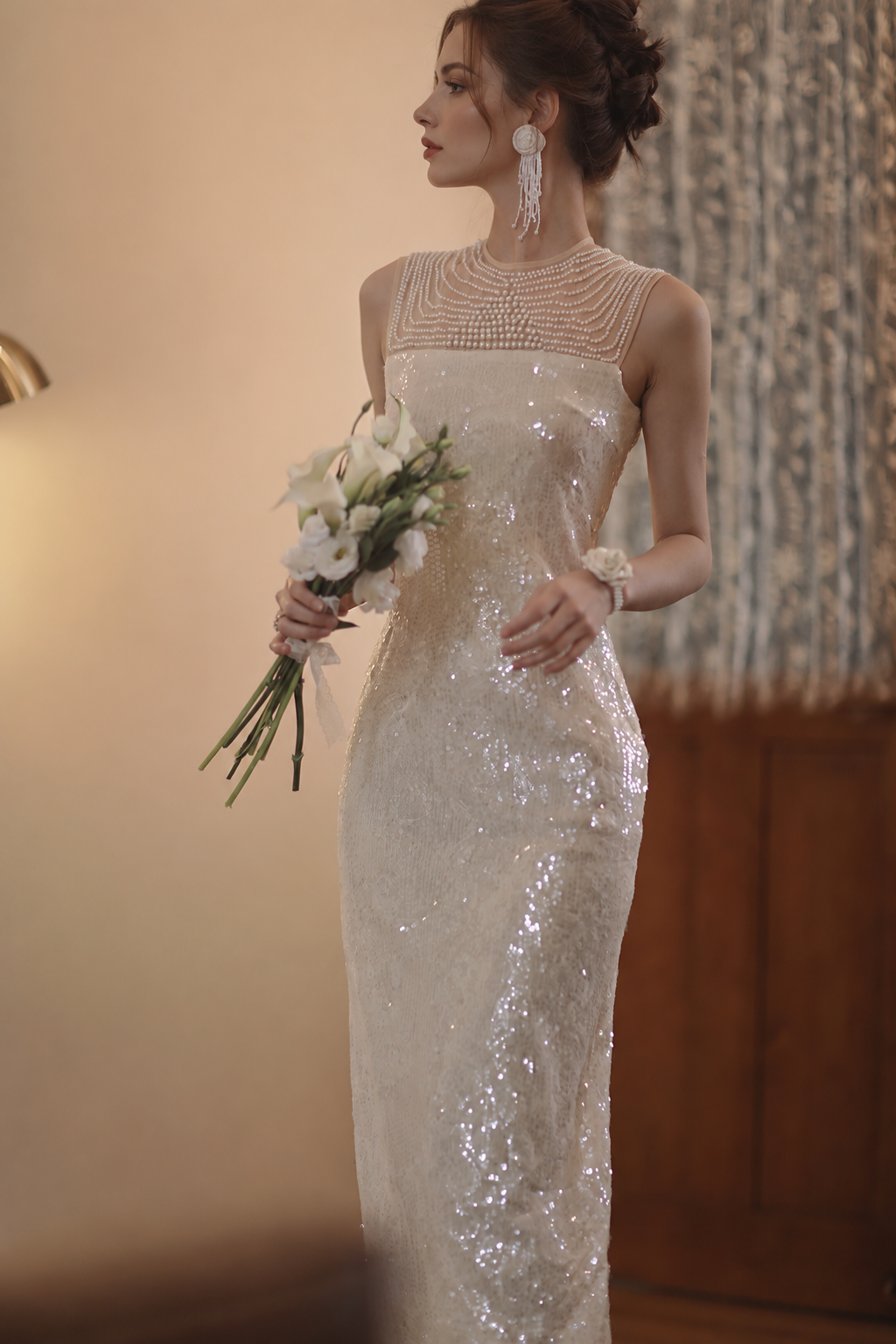 White Pearl-Neck Sequin Mermaid Maxi Dress - White