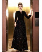 Black Long-Sleeve Sequin A-Line Maxi Dress - Black / Long