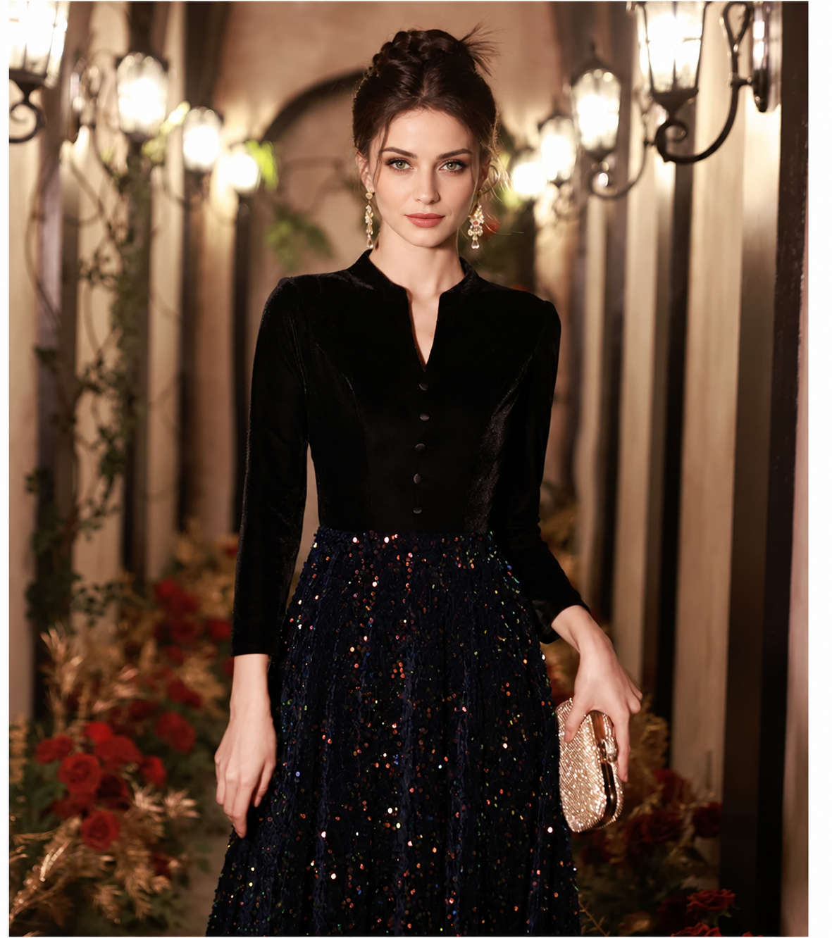 Black Long-Sleeve Sequin A-Line Maxi Dress - Black / Long