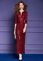 Sequin V-Neck Three-Quarter-Sleeve Midi Dress - Deep Red