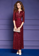 Sequin V-Neck Three-Quarter-Sleeve Midi Dress - Deep Red
