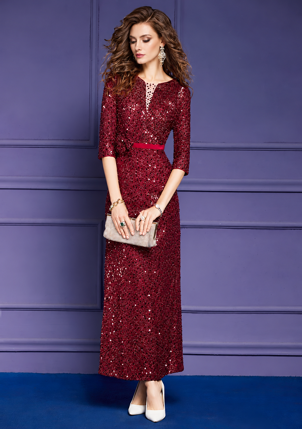 Sequin V-Neck Three-Quarter-Sleeve Midi Dress - Deep Red
