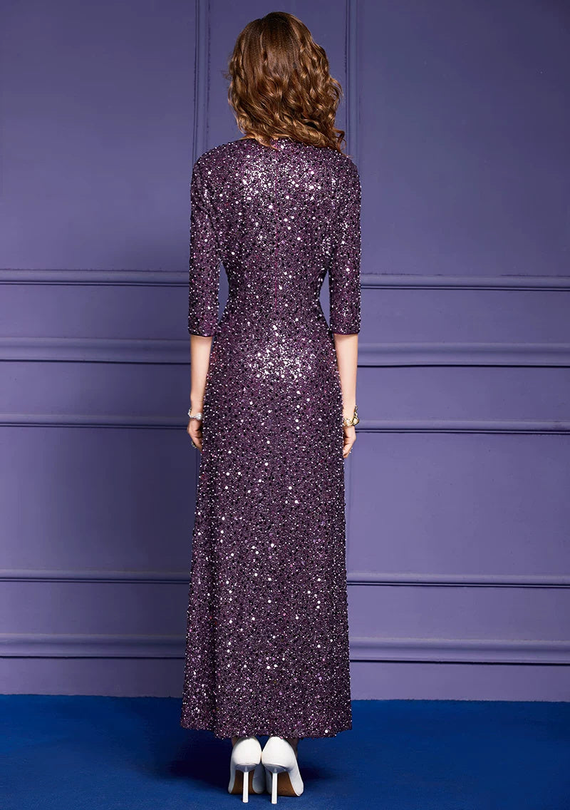 Sequin V-Neck Three-Quarter-Sleeve Midi Dress - garment detail