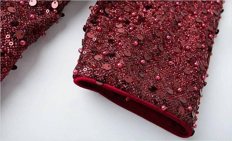 Sequin V-Neck Three-Quarter-Sleeve Midi Dress - garment detail