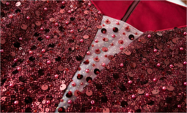 Sequin V-Neck Three-Quarter-Sleeve Midi Dress - garment detail