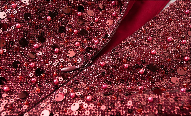 Sequin V-Neck Three-Quarter-Sleeve Midi Dress - garment detail