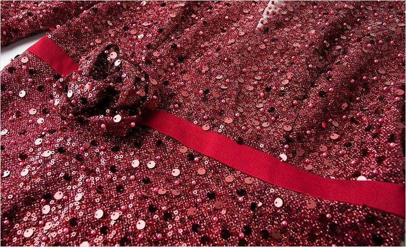 Sequin V-Neck Three-Quarter-Sleeve Midi Dress - garment detail