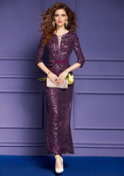 Sequin V-Neck Three-Quarter-Sleeve Midi Dress - Plum